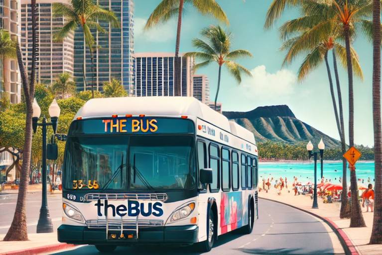 A public bus in a tropical setting A public bus in a tropical setting