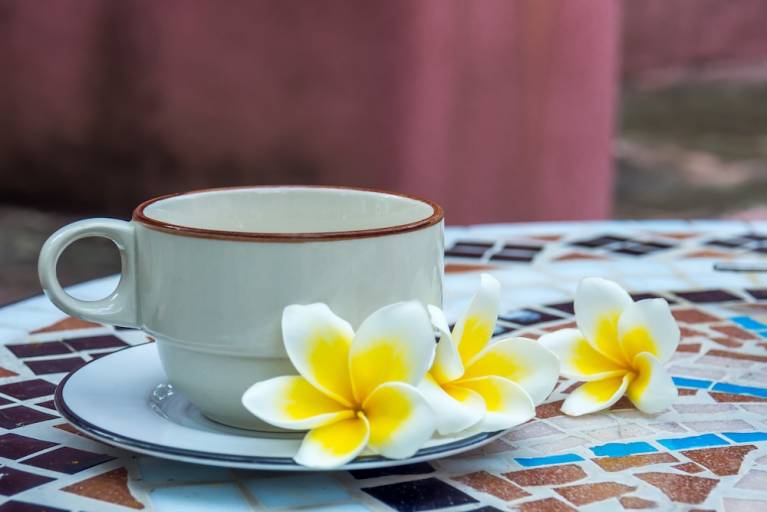 coffee cup with hawaiian flowers beside it